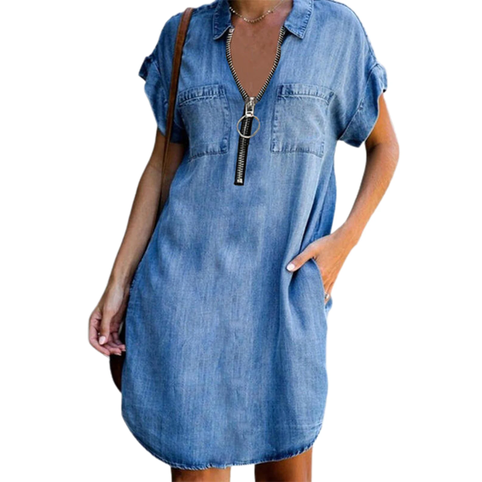 Denim Dress Women Short Sleeve Pockets Zipper Irregular Hem Knee-length Loose Dress Set Summer Dresses for Women 2022