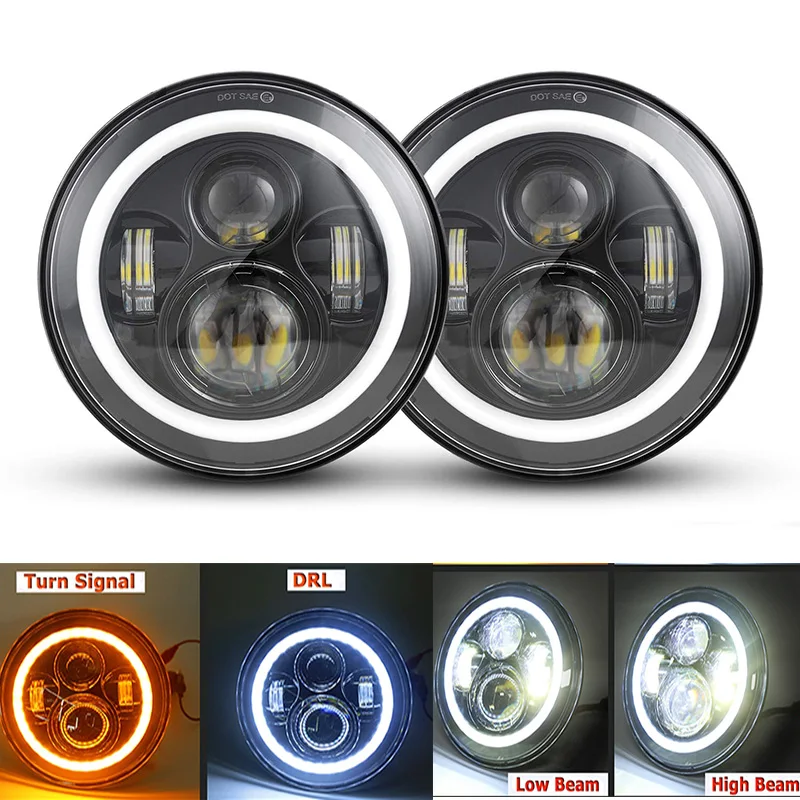 LED Round Headlight 7 inch 2PCS  E-MARK Approved 6000K Hi/lo Beam lamp Halo for Jeep Wrangler JK TJ LJ Harley-Bike