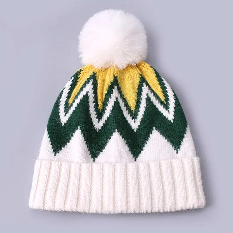 Winter Women Mixed Color Beanie Hat With Faux Fur Pompon Cute Knitted Stripe Patterned Wool Ski Cap Bonnet Warm Soft Hat Beanie