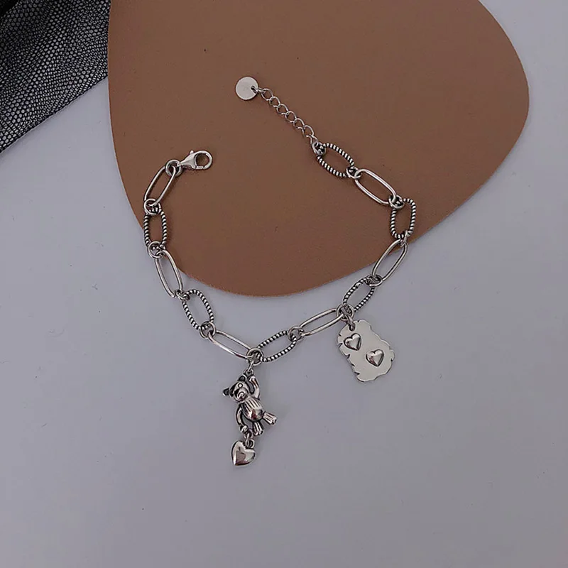 Foxanry Stamp Bracelet New Fashion Vintage Punk Bear LOVE Heart Pendant Thai Silver Party Jewelry Gifts