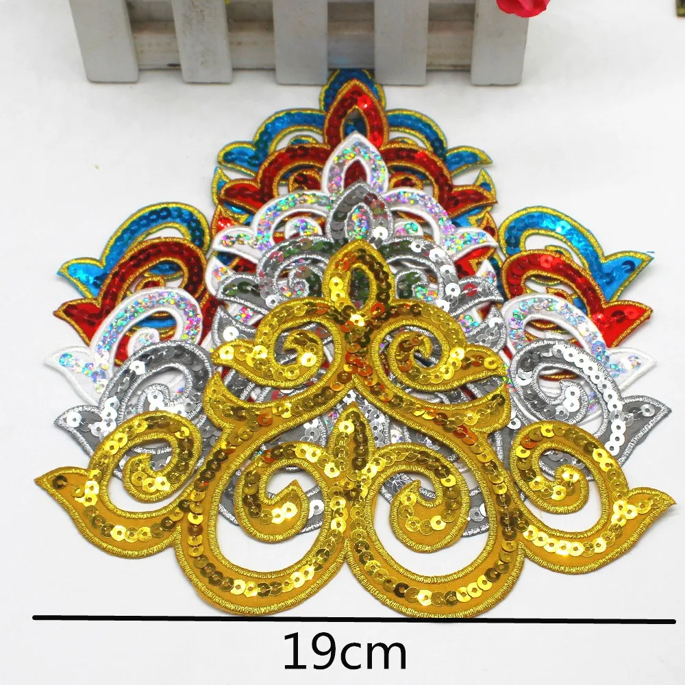 1 Piece Sequin Appliqued Gold Embroidery Patches Trims Iron on Cosplay Costumes Dress Dcoration 13*19cm