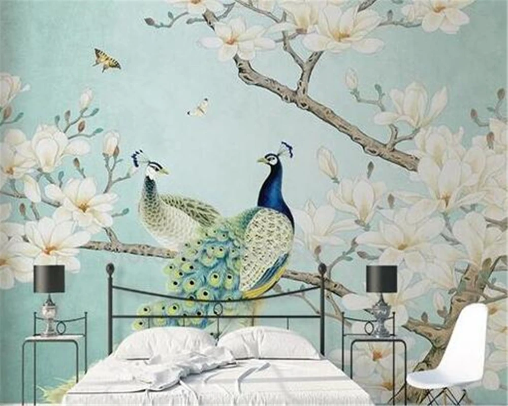 Customized Wallpaper Peacock Magnolia Flower and Bird Mural Home Decoration Flower and Bird Living room bedroom 3d wallpaper