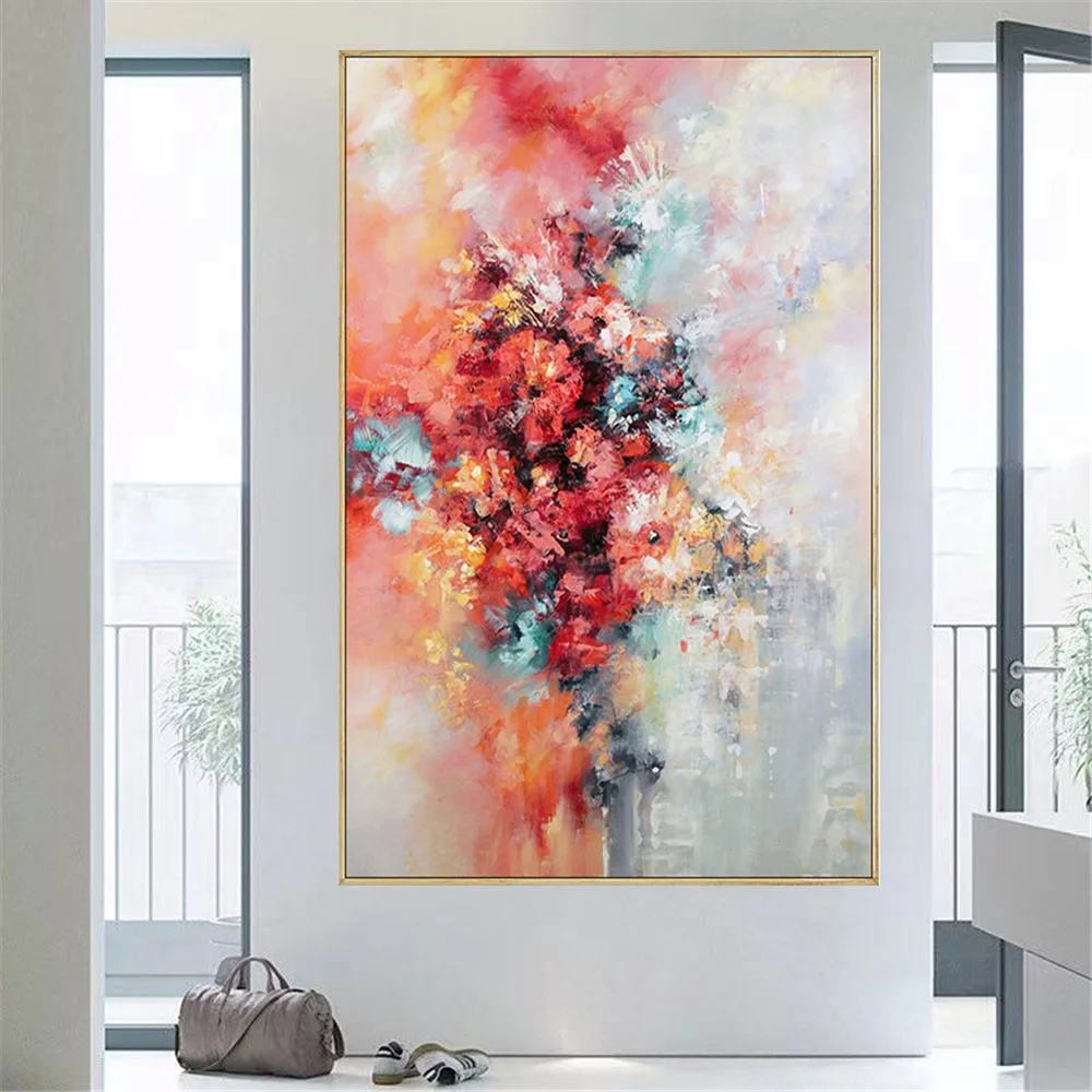 100% Hand-painted Abstract Watercolour Orange Red Flower Oil Painting On Canvas Poster  Wall Art Home Room Decor Picture Mural