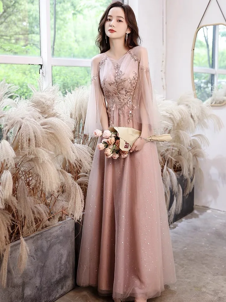 2024 Pink Bridesmaid Dresses V-Neck Illusion A-Line Sexy Backless Appliques Beading Tulle Evening Prom Gowns With Flare Sleeves