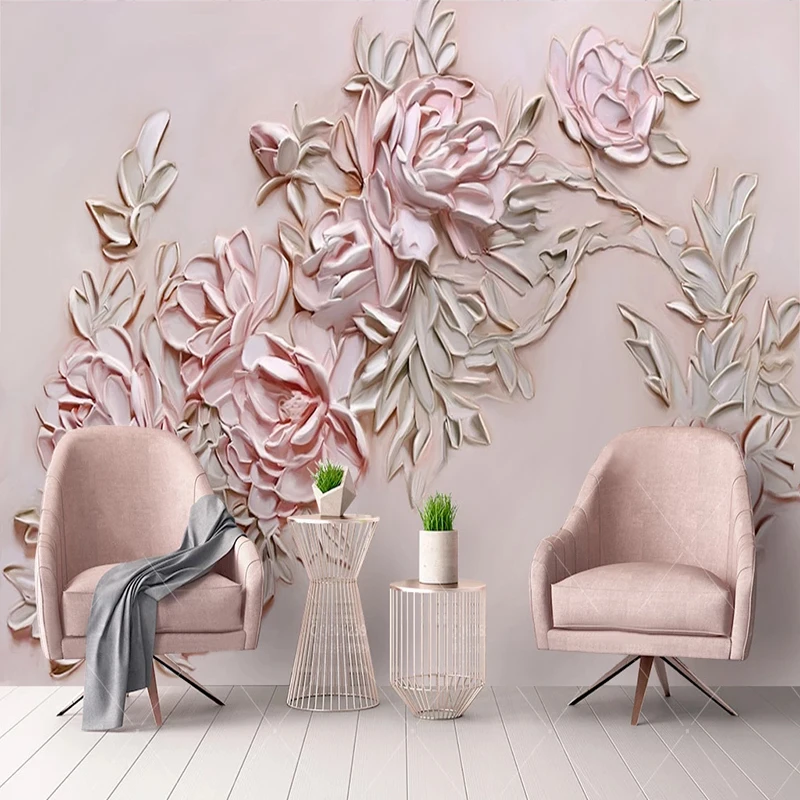 

Custom Photo Wallpaper 3D Stereo Pink Relief Rose Flower Mural Living Room Bedroom Romantic Home Decor Creative Papel De Parede