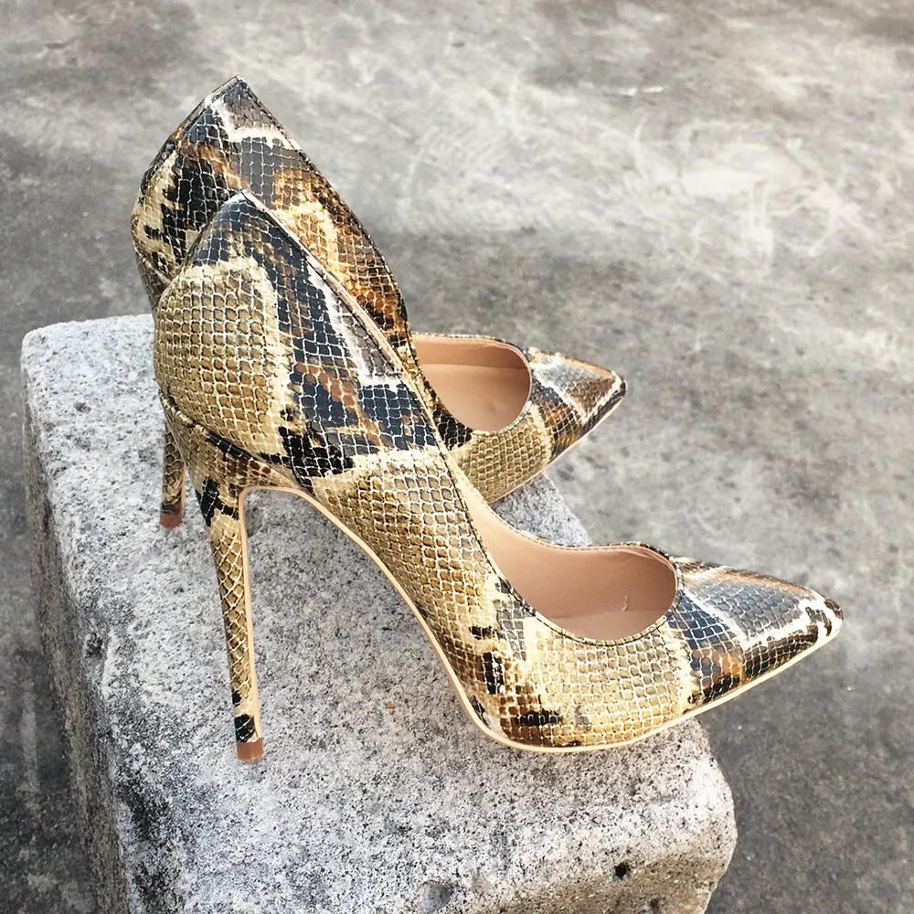 Veowalk 8cm/10cm/12cm Python Printed Women Sexy Pointed Toe Stiletto High Heels Ladies Fashion Pumps Party Bridal Shoes Big Size