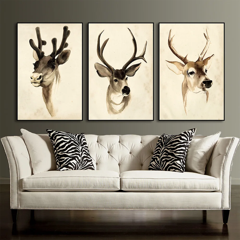 Triptych Minimalist Artistic Deer Elk Head Canvas Painting Giclee Animal Art Print Paintings Poster Wall Picture For Living