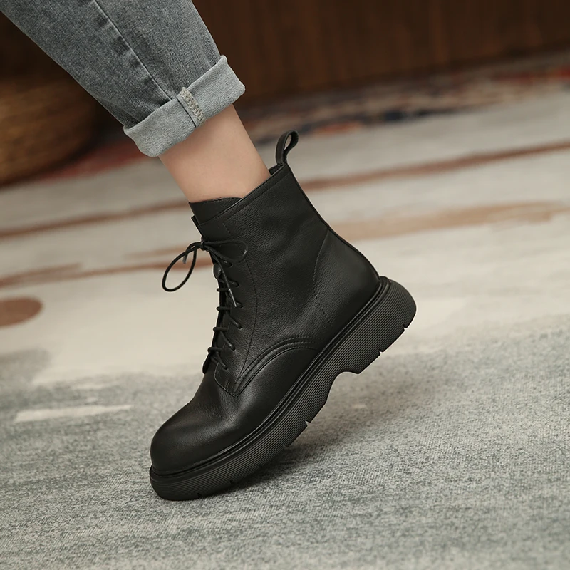 Women Shoes Women Boots 2024 Winter Genuine Leather Ankle Boots zapatos de mujer womens platform heels chunky boots lace up