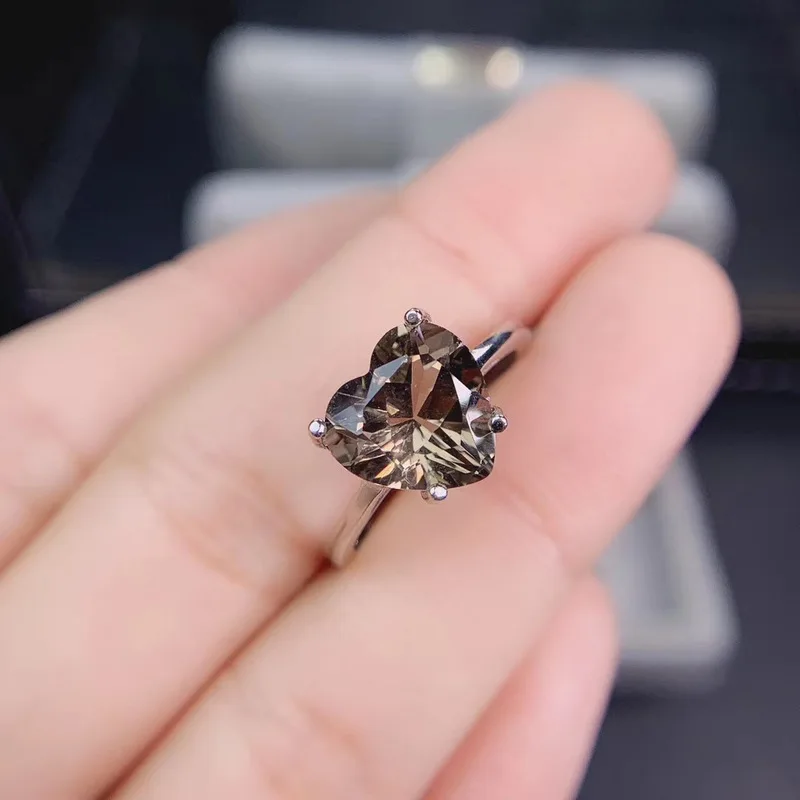 Natural Smoky Quartz Gemstone Ring 925 Sterling Silver Cocktail Rings Special Design OCT Cutting for Women Party