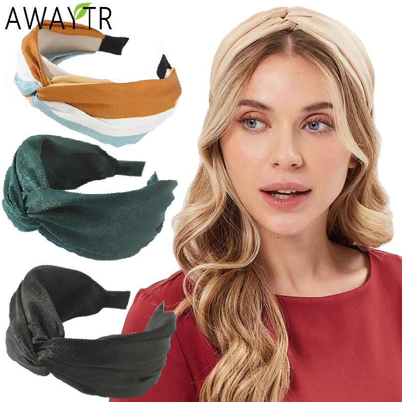 AWAYTR Women Headband Solid Twist Hairbands Turban Bow Knot Cross Tie Cloth Wide Hair Band Hoop Hair Accessories Lady Headdress