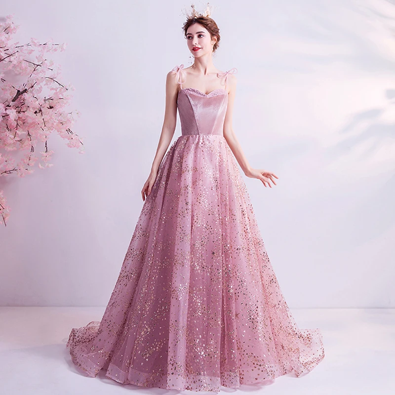 

Prom dresses spaghetti-strap beaded evening-gown tulle see though elegant pink long