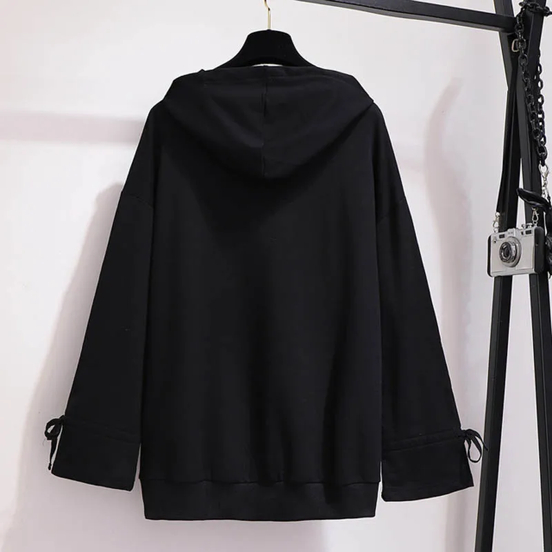 150Kg Plus Size Women's Spring Autumn Hooded Printed Sweatshirt Bust 155cm 6XL 7XL 8XL 9XL 10XL Long-Sleeved Top Black White