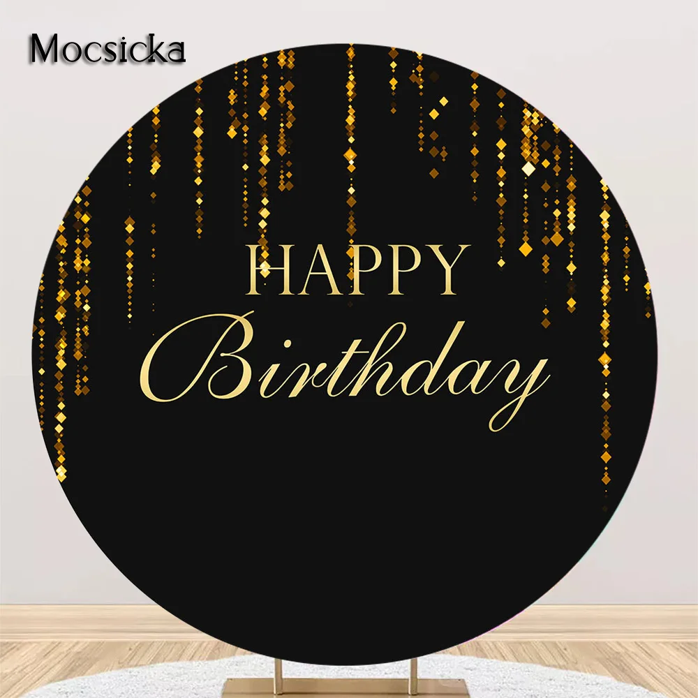 Round Glitter Adult Happy Birthday Background Sparkle Dots Bokeh Children Birthday Backdrop Black Circle Cover Party Decorations