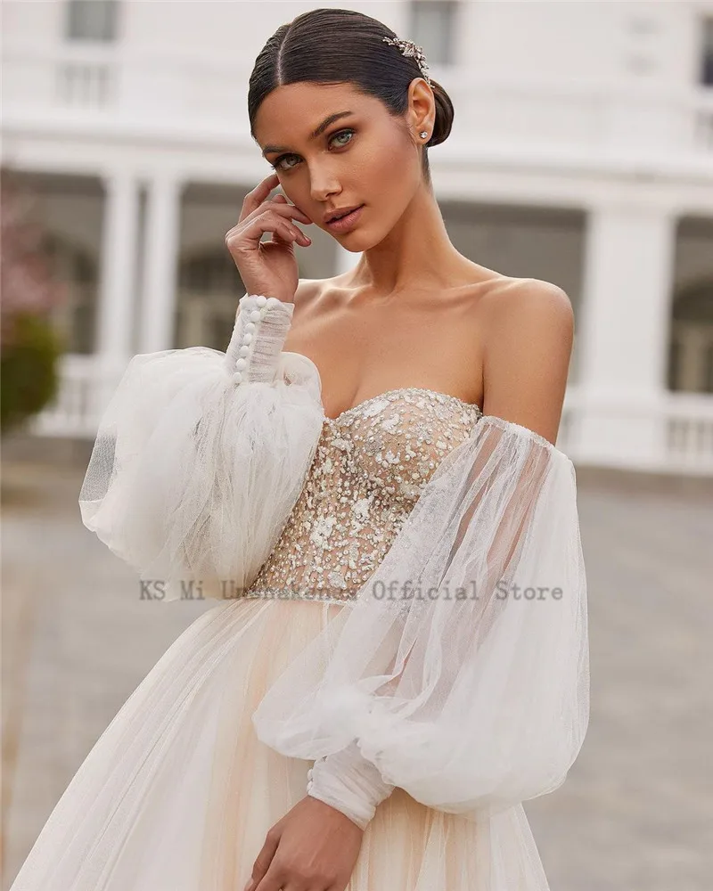 Abito da sposa Champagne 2021 abiti da sposa con maniche a sbuffo abiti da sposa Country da spiaggia in rilievo Robe de Mariee donna Couture