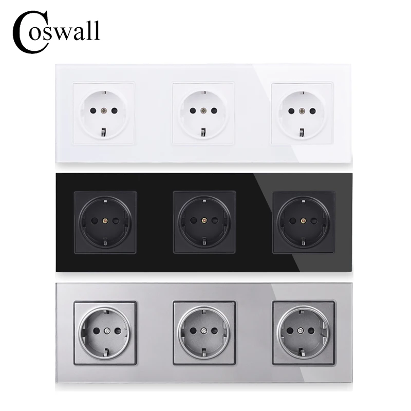 COSWALL Wall Tempered Glass Panel Triple EU Russia Spain Socket Grounded With Children Protective Door White Black Grey Gray