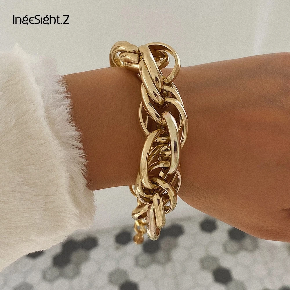 

IngeSight.Z Punk Hip Hop Gold Color Miami Curb Cuban Thick Twisted Bracelets Bangles Charm Chunky Heavy Metal Bracelets Jewelry