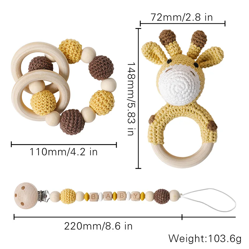 Sonajeros de madera de felpa para bebé, animales, jirafa, campana musical, chupete personalizado, cadena con Clip, pulseras de dentición, juguetes