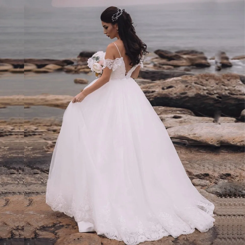 Maßgeschneidertes einfaches Strandhochzeitskleid 2025, Spaghettiträger, Ballkleid, Spitze, Applikationen, schulterfrei, Brautkleid, Vestido De Novia