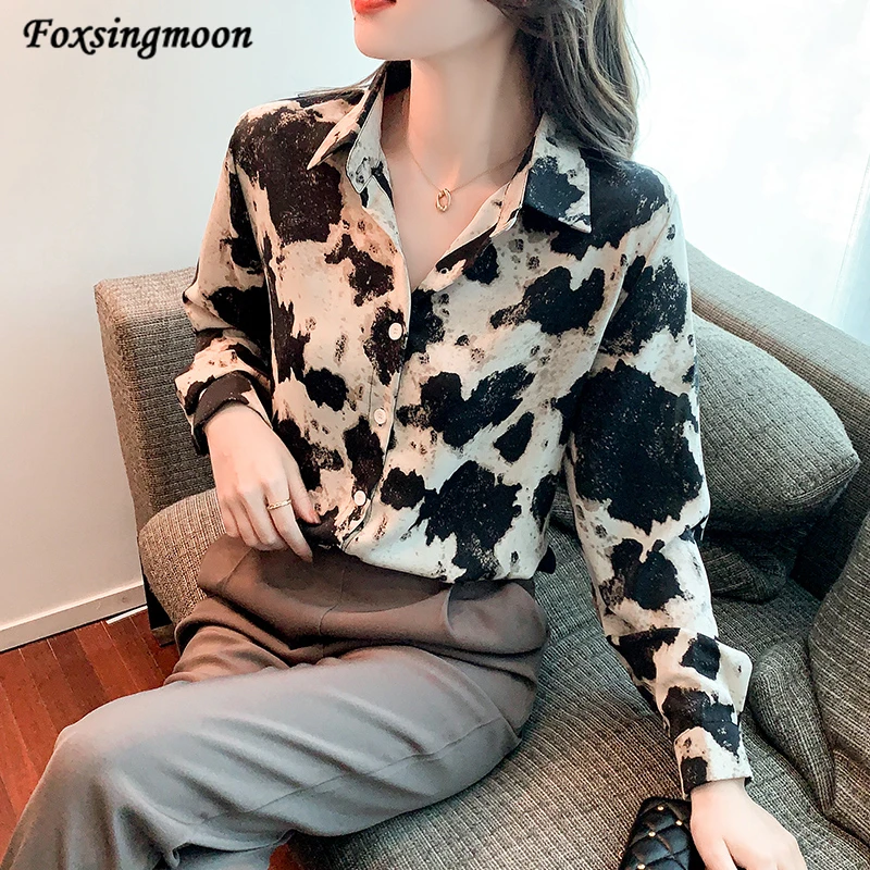 

Women Shirts Korean 2022 Spring Fashion Print Long Sleeve Blouse Button Up Shirt Turn Down Collar Oversized Elegant Ladies Tops