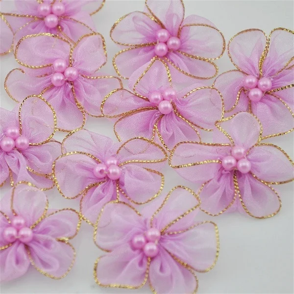 10Pcs 30mm Pick Organza Ribbon Flowers Bows Beads Appliques Wedding Craft DIY Christmas Decoration