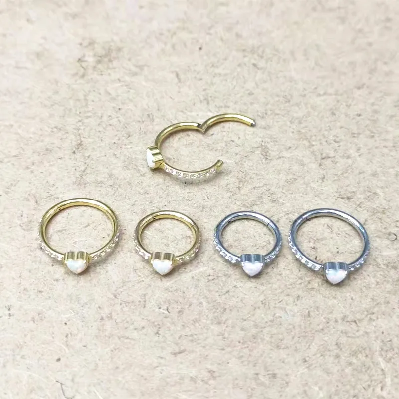 

Lot10pcs 316L Heart Opal CZ Nose Hoop Septum Clicker Hinged Segment Ring Ear Cartilage Helix Rook Tragus 16G New