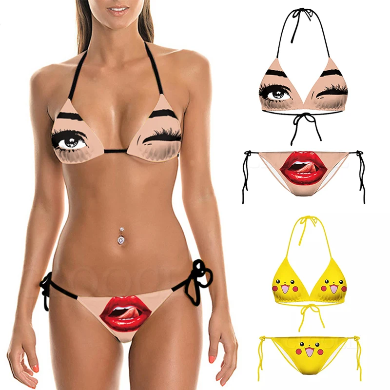 CLOOCL Sexy Cute Bikinis Swimsuit Lips 3D Print Cartoons Cosplay Beach Women Bra Straps Low Waist Bikinis Set