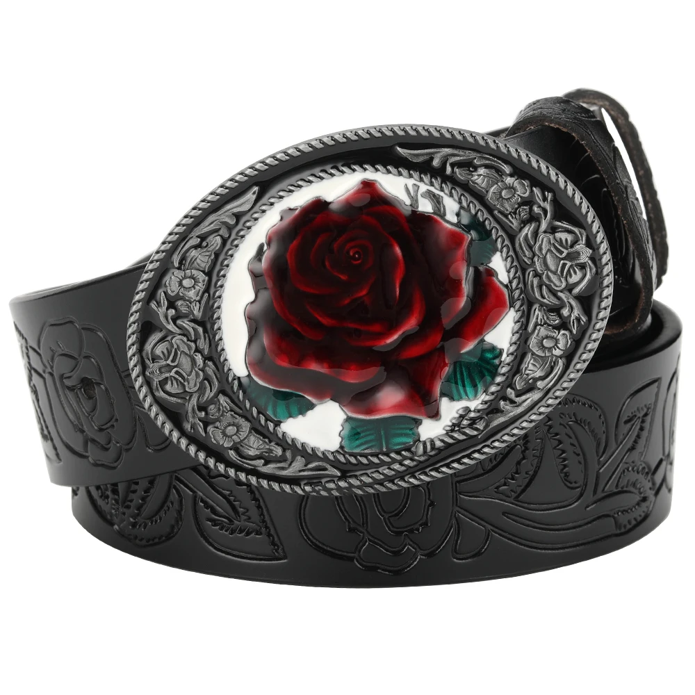 

Rose Buckle Leather Embossed Belt Fashion Women