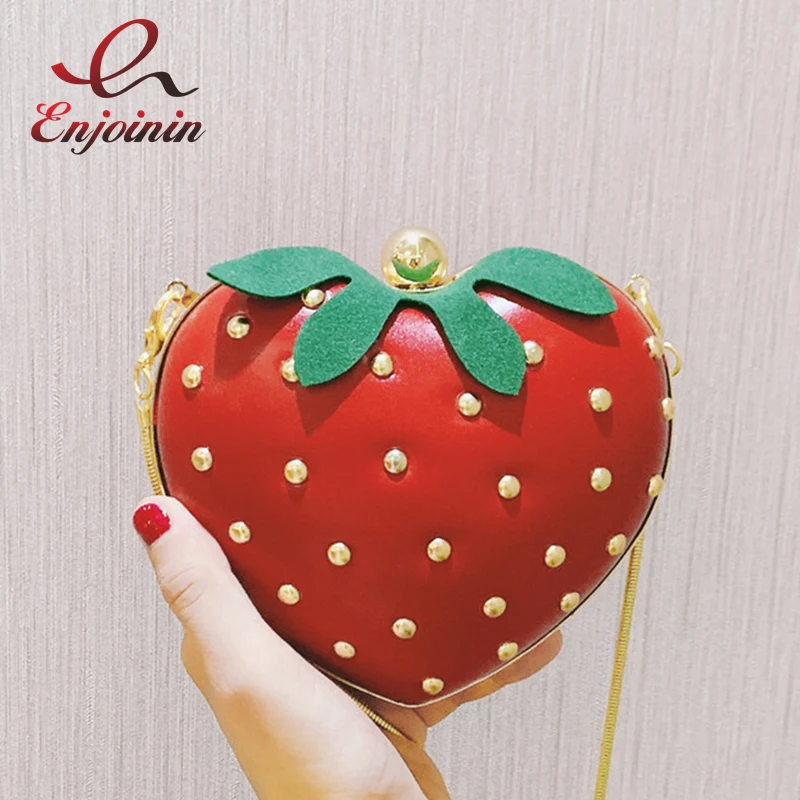 Cute Strawberry Heart Shape Women Clutch Bag Rivet Mini Fashion Ladies Chain Purses and Handbags Female Party Crossbody Bag 2021