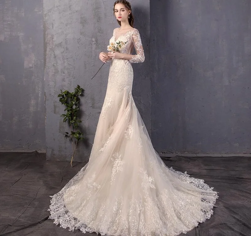 Gorgeous O-Neck 3/4แขนยาว Sweep Train ภาพลวงตาลูกไม้ Mermaid ชุดเจ้าสาวชุด Vestidos De Novia