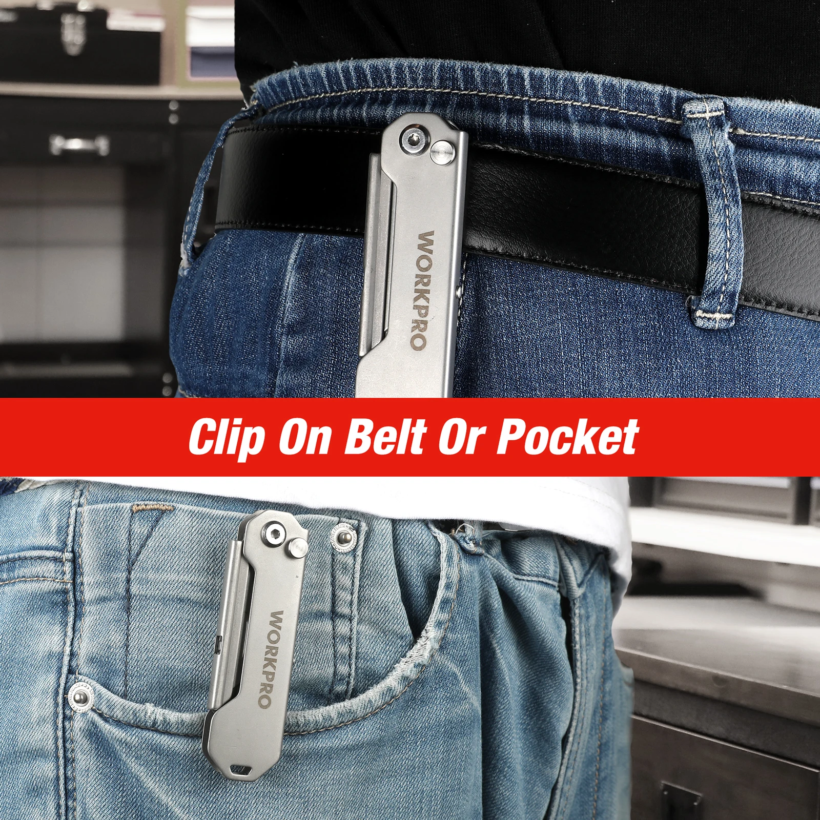 WORKPRO Folding Utility Knife Stainless Steel Quick Realse Pocket Knife with Belt Clip Sharp Blade For General-Purpose Cutting