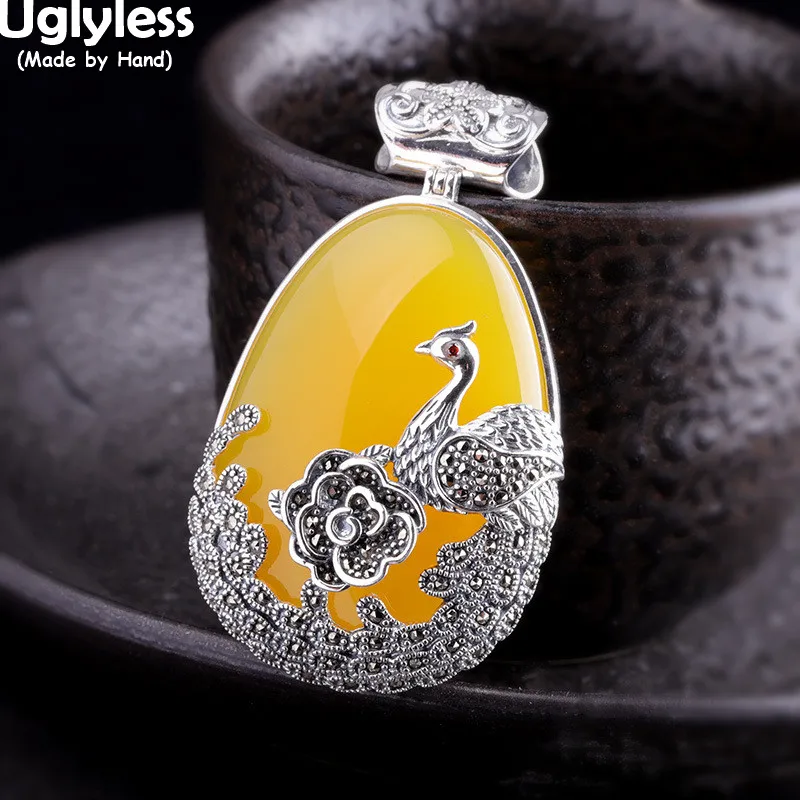 

Uglyless Phoenix Flying to Peony Necklaces for Women Marcasite Flowers Peacock Pendants NO Chains Chalcedony 925 Silver Jewelry