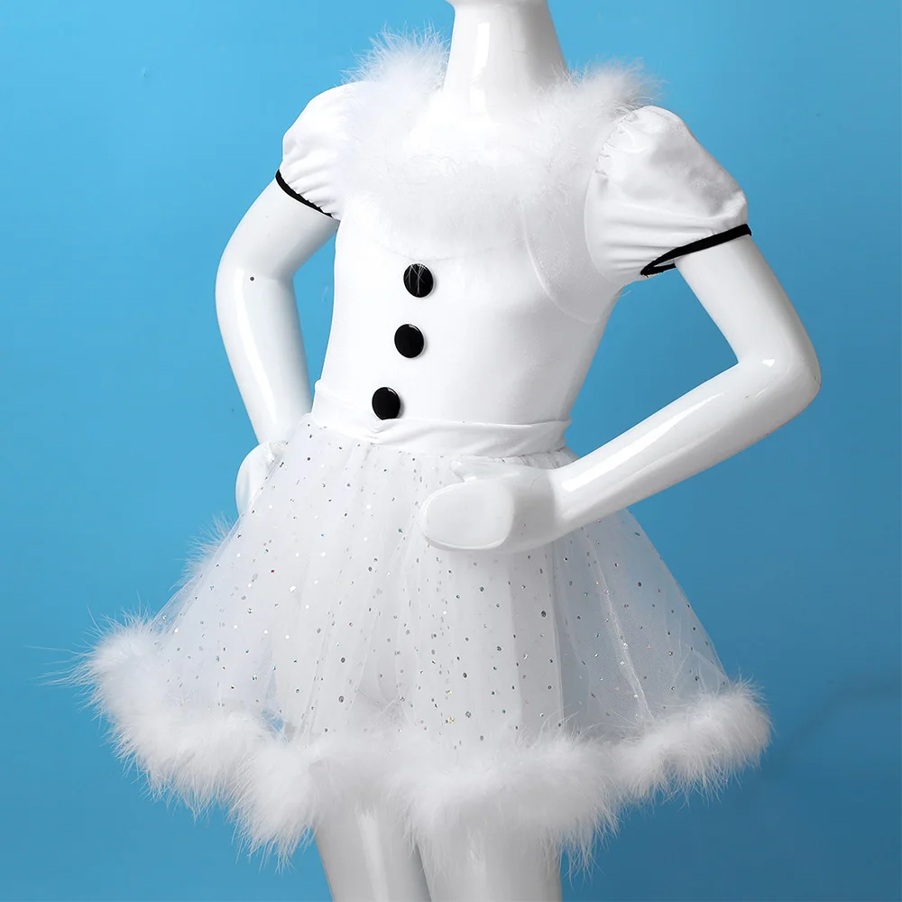 TiaoBug Kids Girls Christmas Swan Dance Costume White Feather Short Sleeve Sequins Mesh Tutu Ballet Leotard Figure Skating Dress