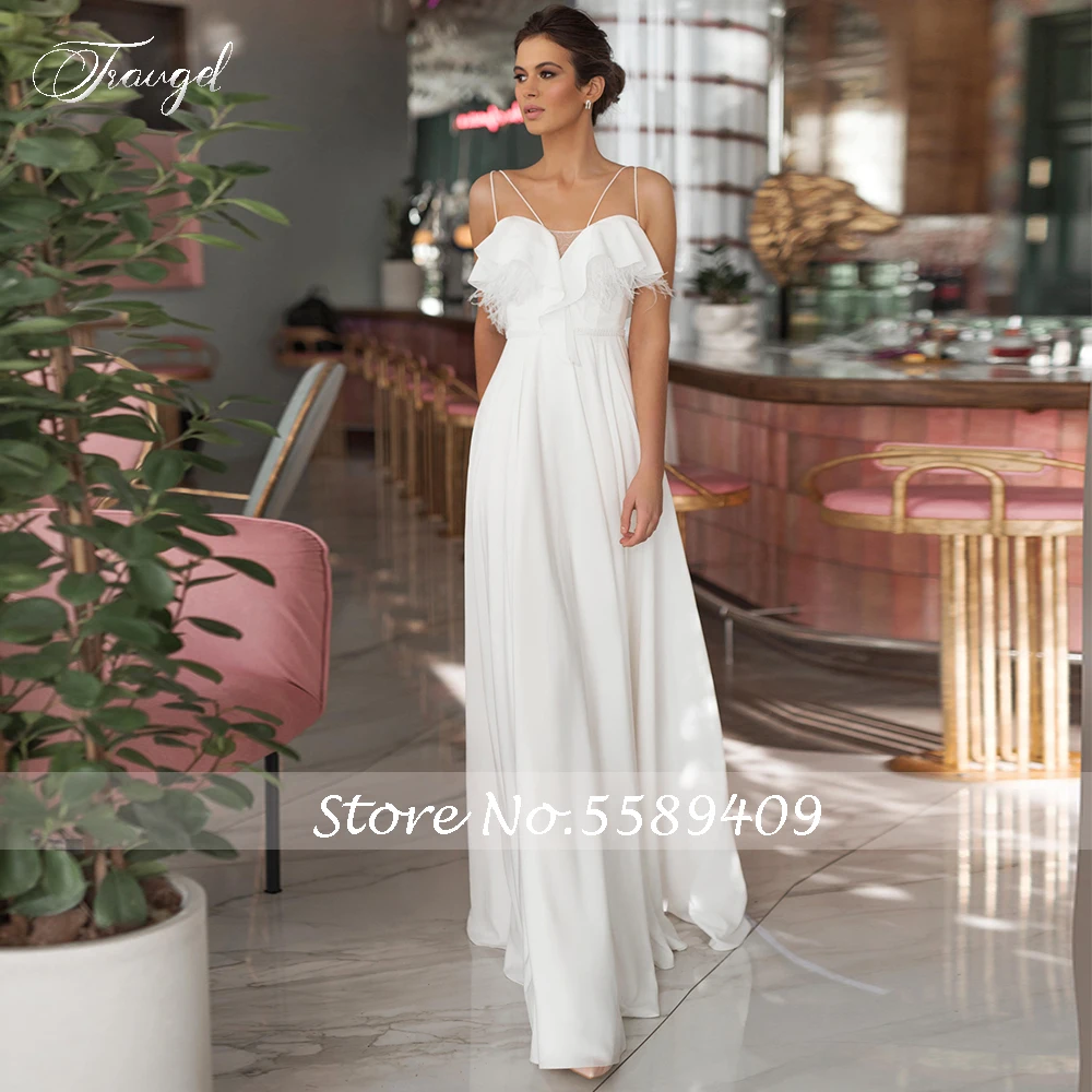 Traugel-vestido de noiva longo de praia e casamento, elegante, com alça espaguete, sem costas, chega até o chão