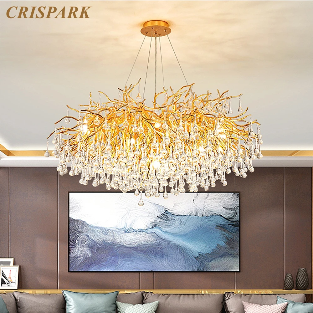 

Luxury Gold Branch Ceiling Chandelier Modern Glass Waterdrop Tree Chandelier Lighting Round Linear Hanging Lamp for Dining Room