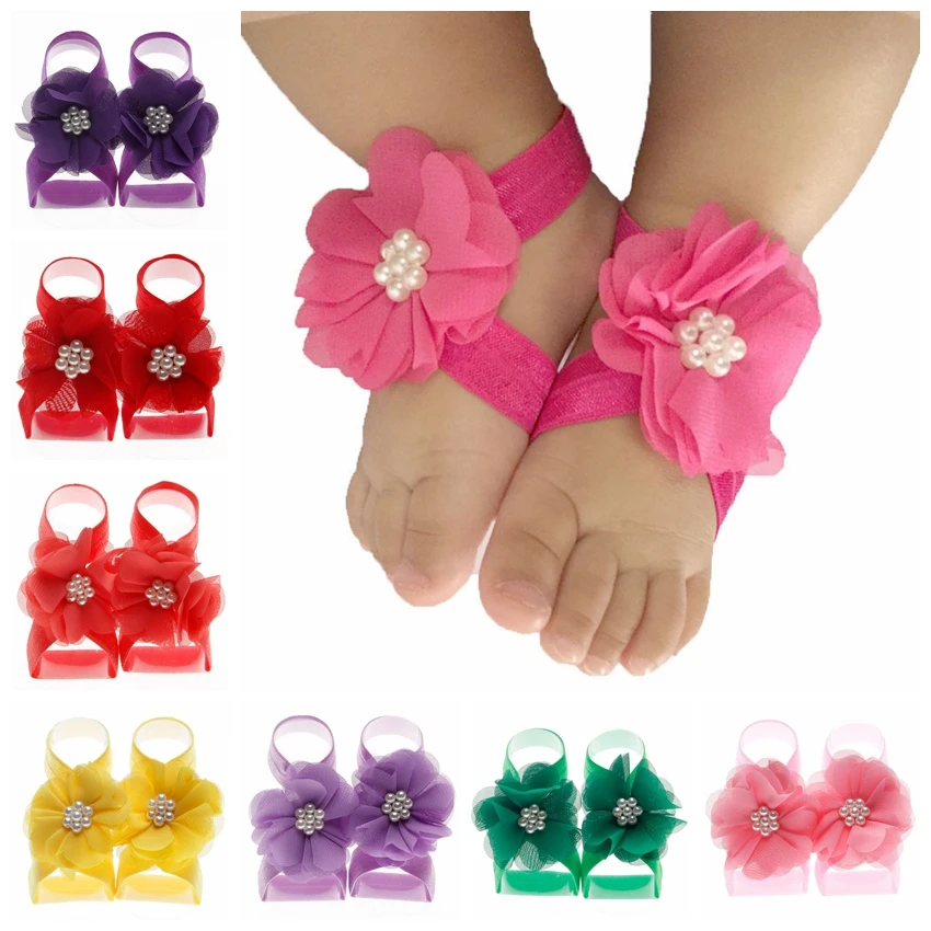 Yundfly Vintage Newborn Chiffon Pearl Flower Barefoot Sandals Baby Elastic Band with Foot Flowers Girls Photo Props