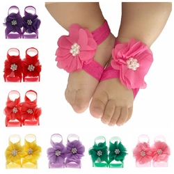 Yundfly Vintage Newborn Chiffon Pearl Flower Barefoot Sandals Baby Elastic Band with Foot Flowers Girls Photo Props