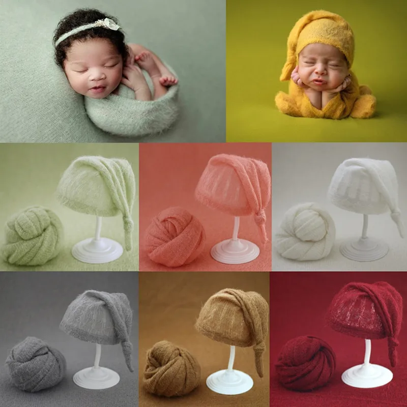 Newborn Photography Props Baby Wraps Hat Photography Studio Mohair Knitted Elastic Fabric Blanket