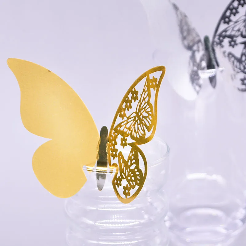 Laser Cut Butterfly Paper Place Card, Wine Glass Cup Cartões de Nome, Wedding Party Home Decoração, Ouro e Prata, 7, 50Pcs