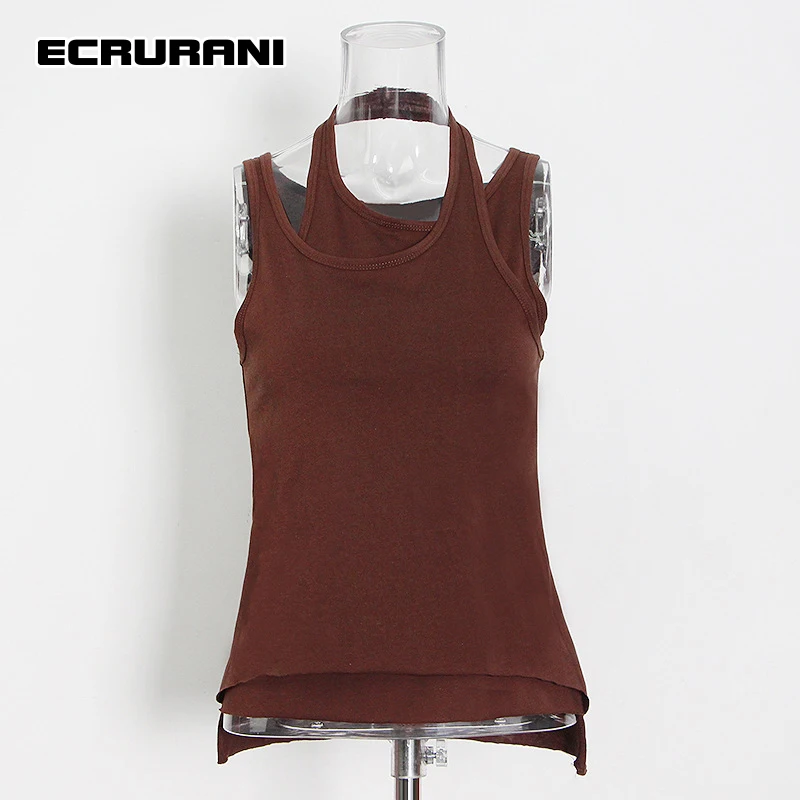 ECRURANI Black Patchwork Sexy Vest For Women O Neck Sleeveless Pleated Solid Vests Female Fashion Summer Clothing 2021 New Style