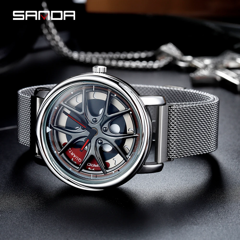 Men Watch Car Wheel Rim Hub Dial Male Wristwatch Skeleton Man Black Waterproof Watches Stainless Steel Quartz Relogio Masculino