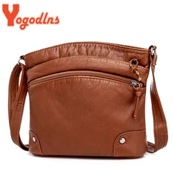 Yogodlns Soft PU Leather Shoulder Bag Women Retro Messenger Bag Double Zipper Female Crossbody Bag Big Capacity Daily Handbag