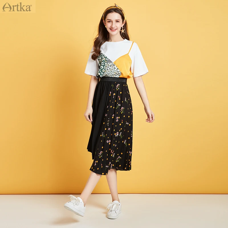 

Женский костюм с юбкой ARTKA, комплект из 2 предметов, белая футболка с плиссированной юбкой и принтом в стиле ретро, TA25100X, весна-лето 2020