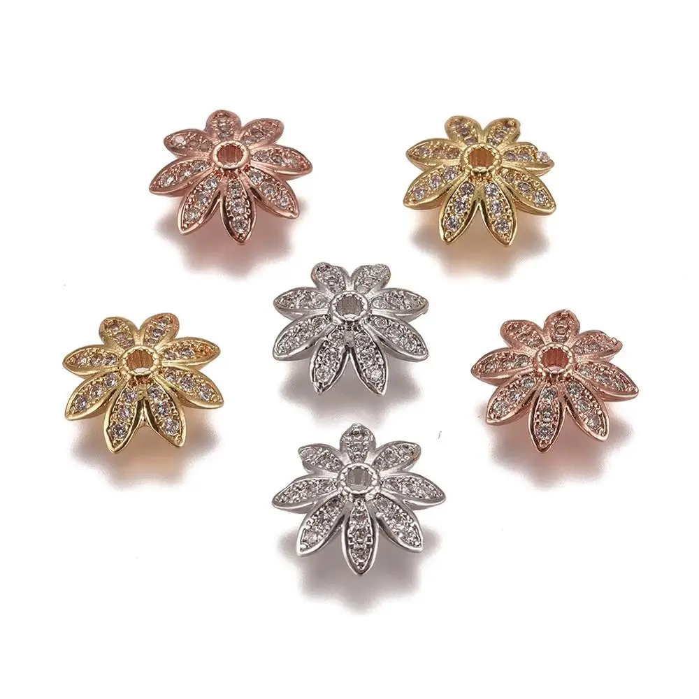 Brass Bead Caps Multi-Petal Micro Pave Clear Cubic Zirconia Flower Bead Cap For DIY Bracelet Tassels Jewelry Making Findings