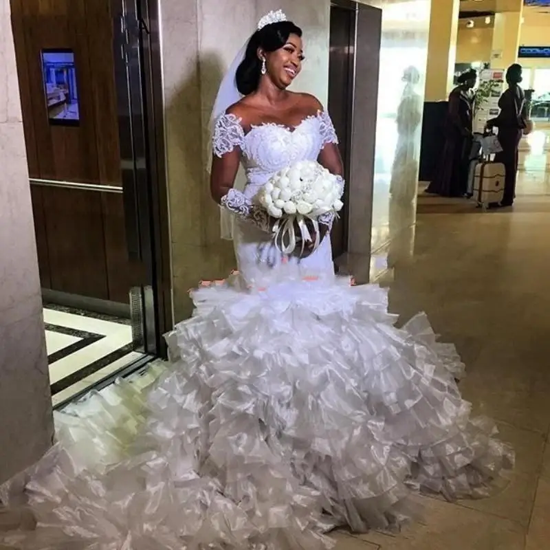 

African Plus size Mermaid Wedding Dresses Illusion Long Sleeves Lace Ruffles Organza Court Train Reception Country Bridal