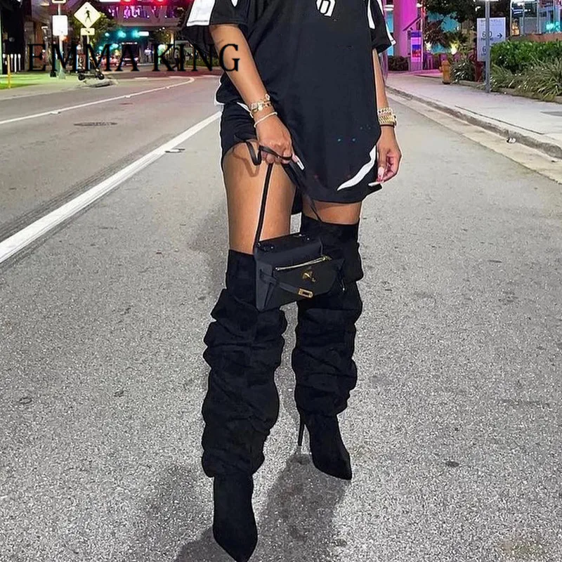 

Autumn Women Pleated Boots Sexy Pointed Toe Thigh High Boot Female Slouch Over-the-knee Boot Side Zip British Style Women Shoes