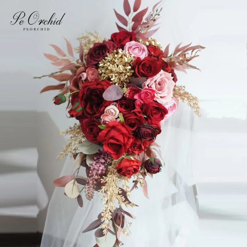 

PEORCHID Luxury Gold&Burgundy Roses Wedding Cascade Bouquets Bride Artificial Flowers Ramillete Damas De Honor Bridal Bouquet