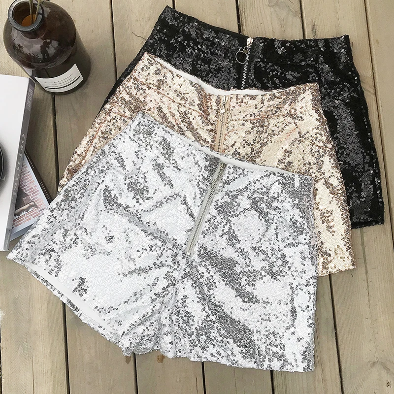 Sexy Silver High Waisted Sequin Shorts O-Ring Zip Front Bodycon Shorts with Pockets Rave Bottoms Festival Clothing Booty Shorts