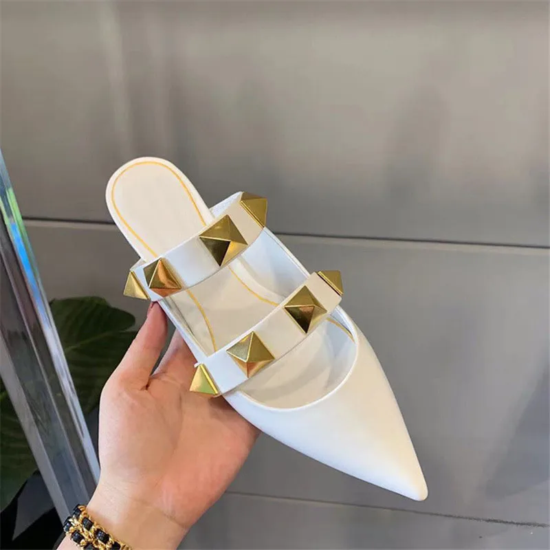 Fashion Pointed Toe Women\'s Shoes Spring 2023 New Flats Slippers Ladies Black Outside Slippers Female Mules Slides Apricot White