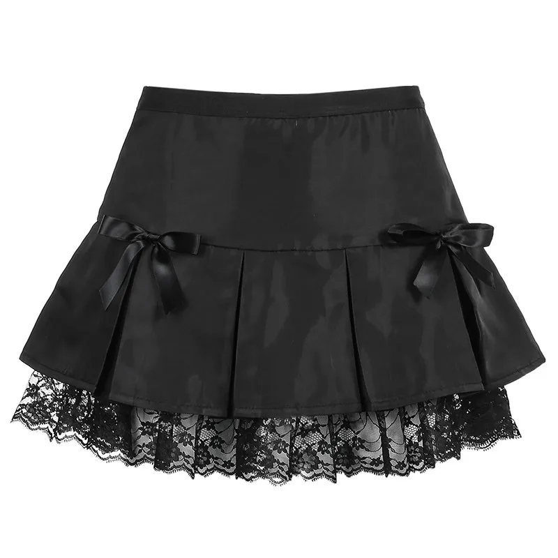 Summer Ladies Sweet Street Short Mini Skirts Lace Frill High Waist Lace-up Bow Lined Pleated A-line Skirt Womem Fashion Bottoms