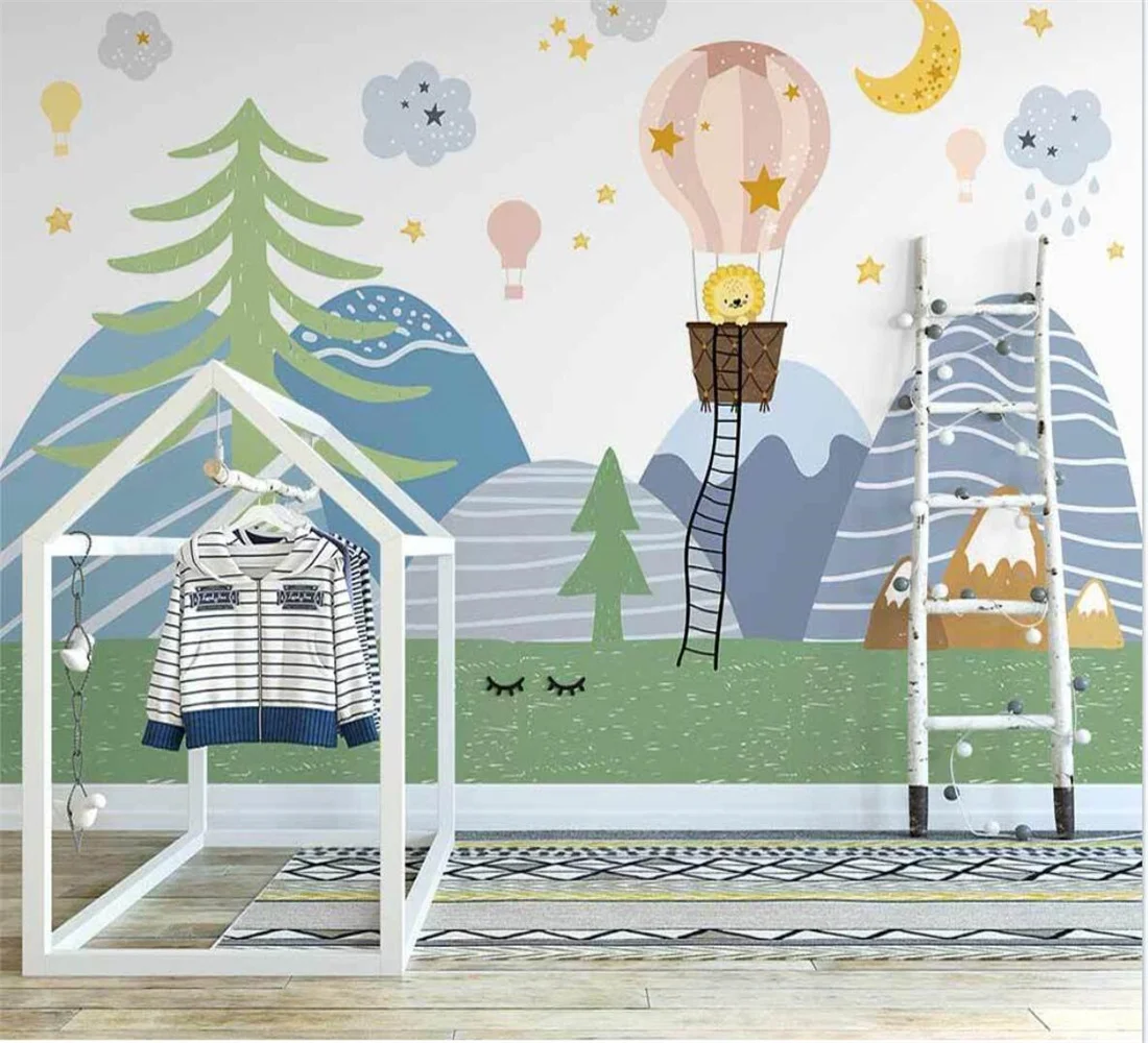 

Custom mural wallpaper hand-painted cartoon woods valley hot air balloon children's room background wall 3d wallpaper